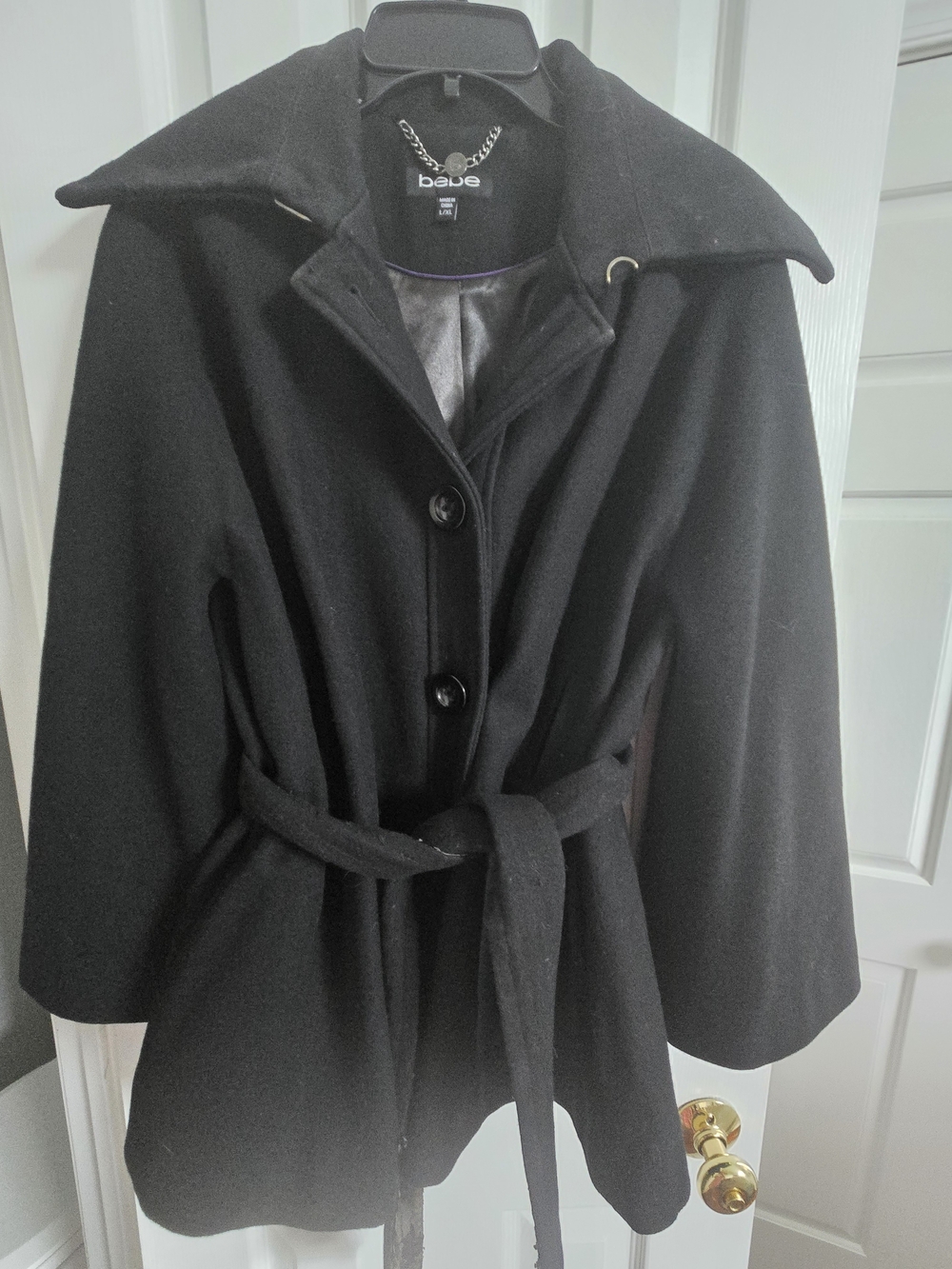 Bebe Women's Black Belted Wool Cape Coat